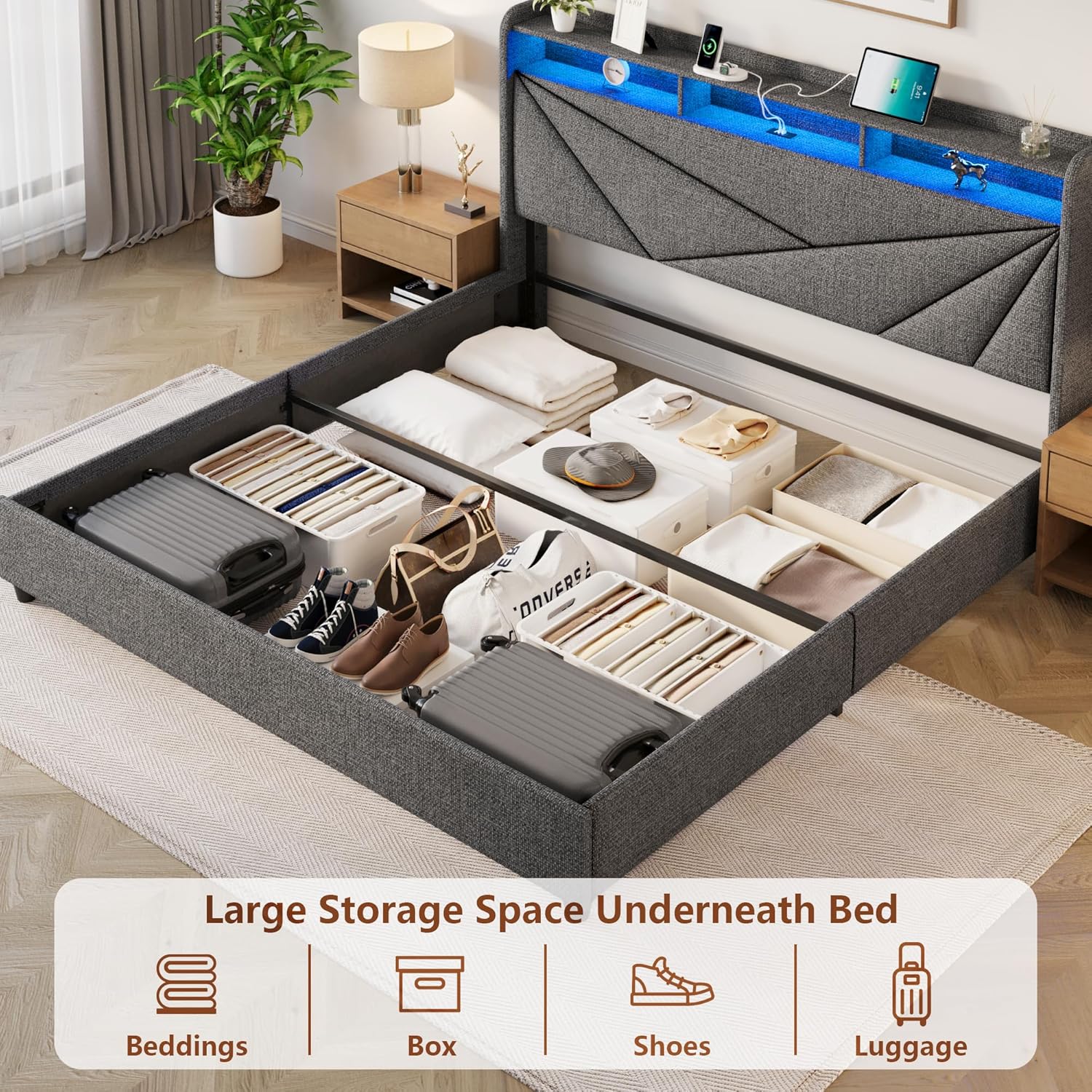 King Size Bed Frame with Storage, Lift Up Upholstered King Bed Frame with Charging Station and LED Lights Headboard, No Box Spring Needed, Easy Assembly - Dark Grey