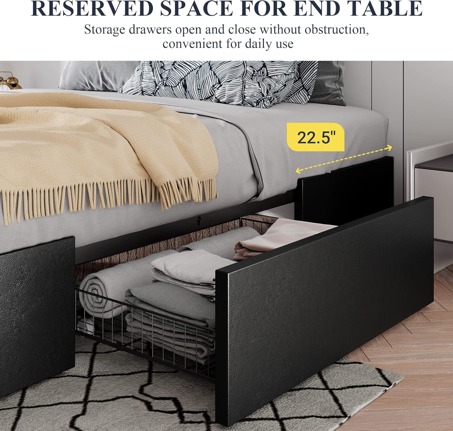 Allewie Queen Size Platform Bed Frame with 3 Storage Drawers, Faux Leather Upholstered, Wooden Slats Support, No Box Spring Needed, Easy Assembly, Black