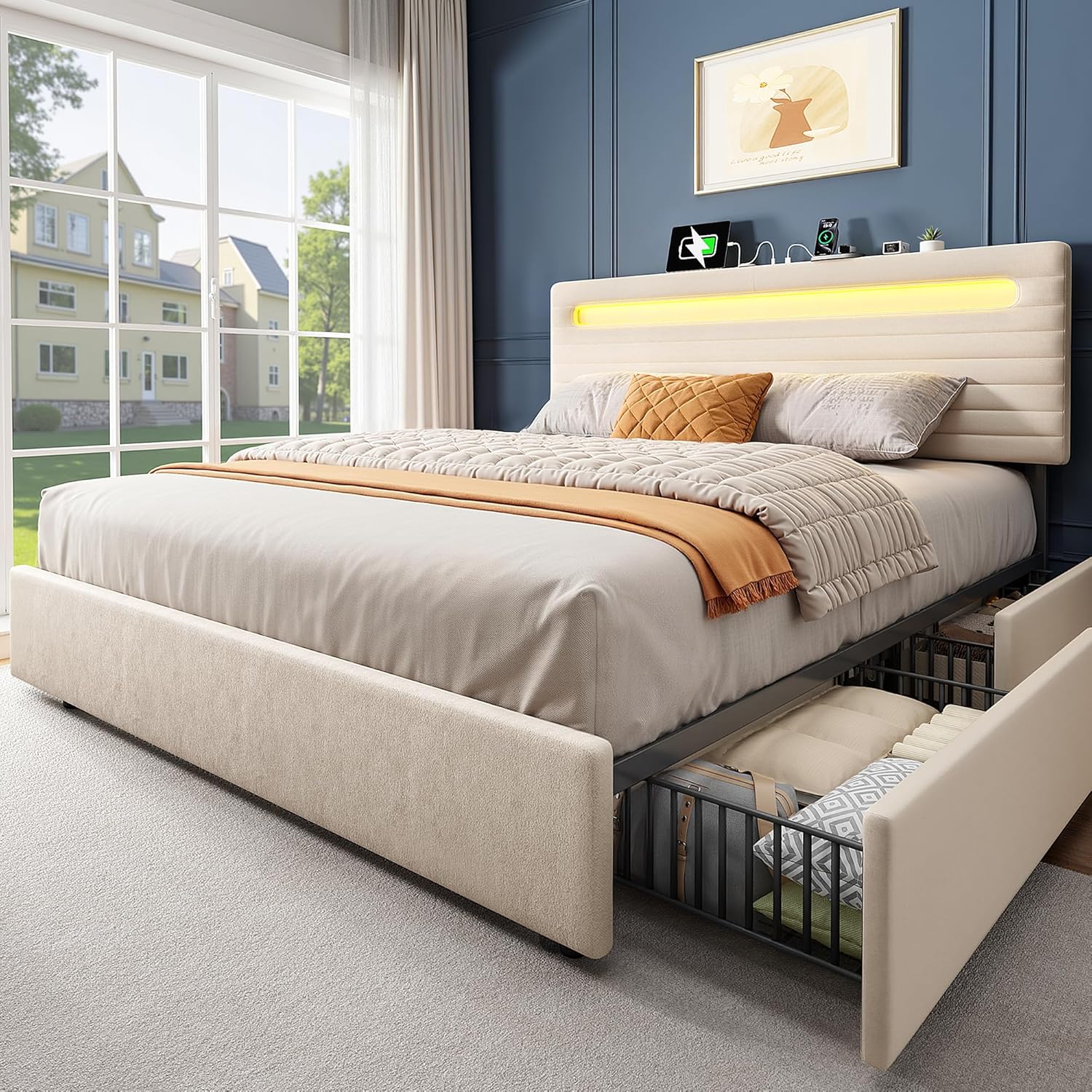 Chenille Upholstered Full Size Bed Frame with 4 Storage Drawers, Platform Bed Frame with Headboard, Charging Station and LED Lights, Easy Assembly，No Box Spring Needed, Beige