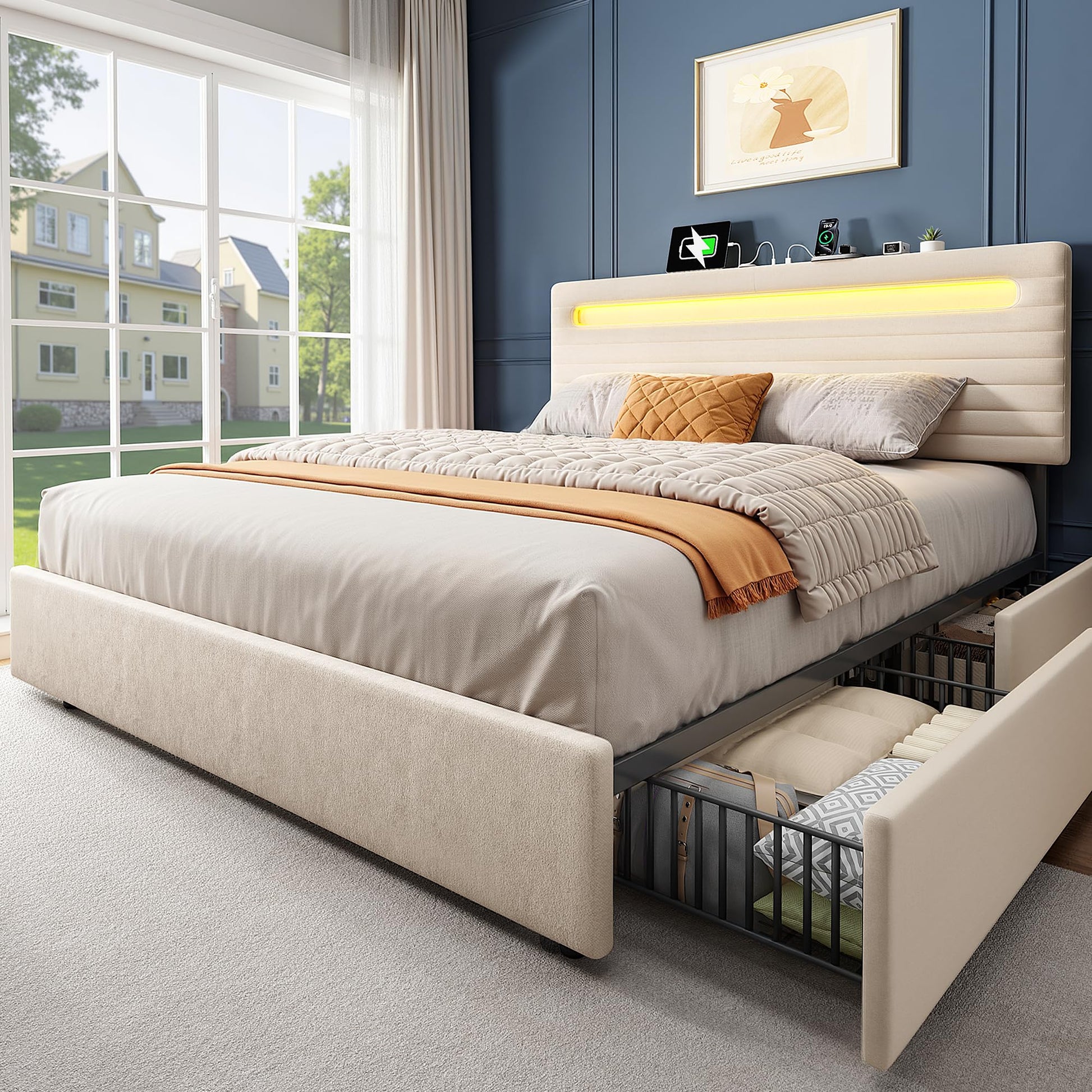 Chenille Upholstered Full Size Bed Frame with 4 Storage Drawers, Platform Bed Frame with Headboard, Charging Station and LED Lights, Easy Assembly，No Box Spring Needed, Beige
