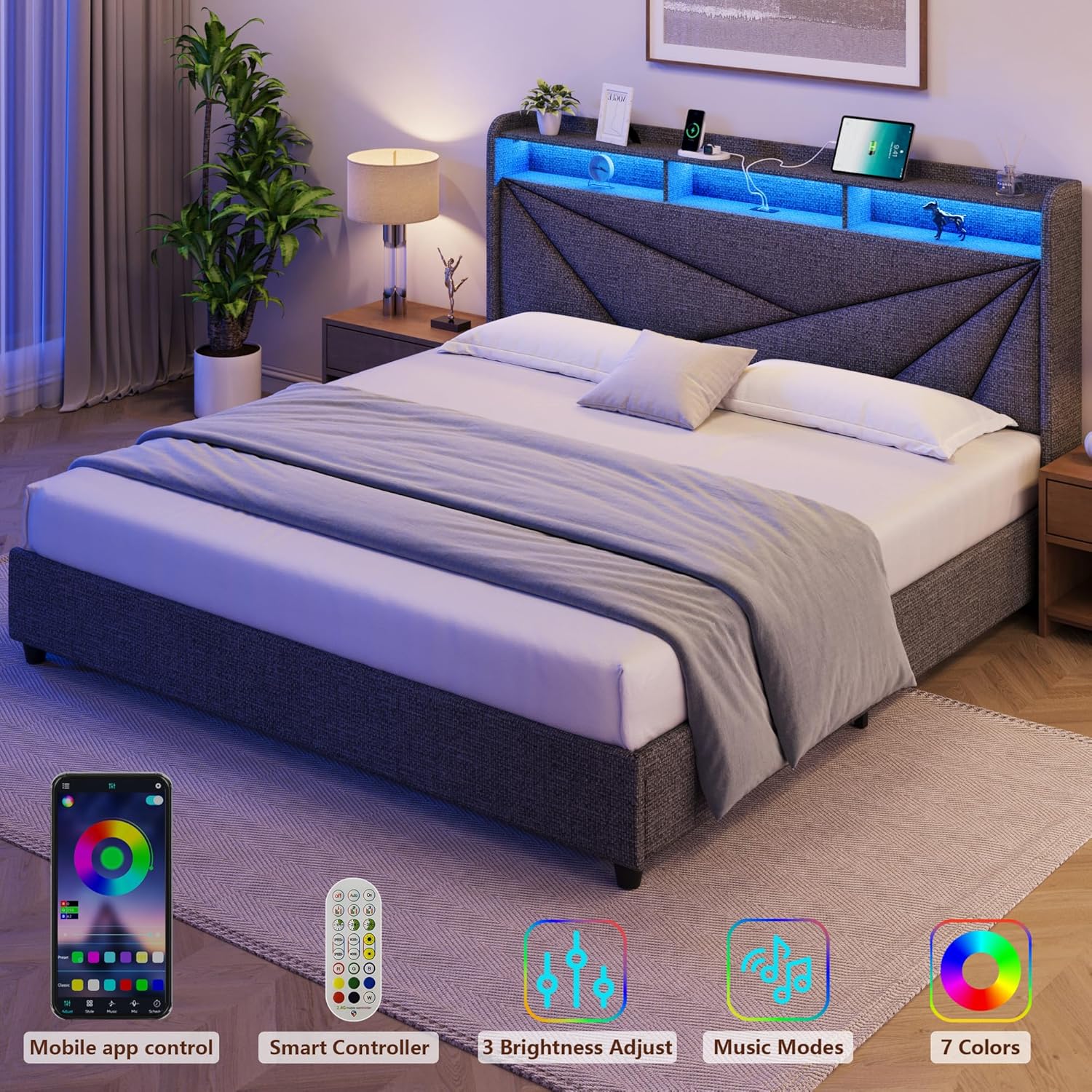 King Size Bed Frame with Storage, Lift Up Upholstered King Bed Frame with Charging Station and LED Lights Headboard, No Box Spring Needed, Easy Assembly - Dark Grey