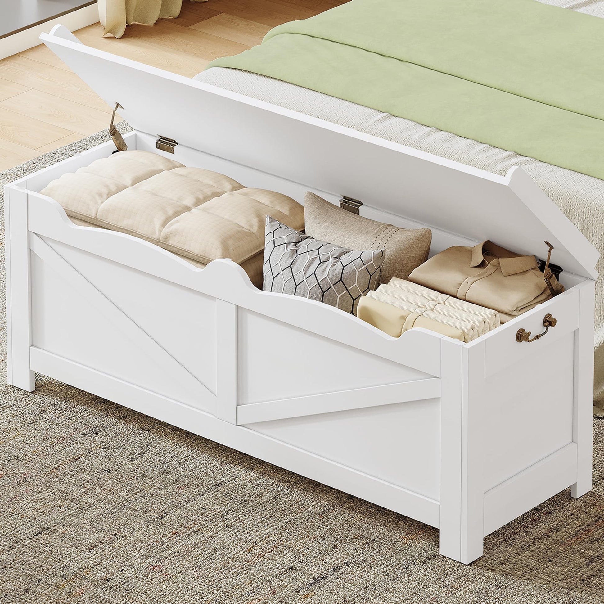 39.4" Storage Chest, Extra Large Storage Trunk with 2 Safety Hinges, Wooden Box Bench, Lift-Top Organizer Chest, Shoe Bench for Entryway, Bedroom, Living Room, White SB04503X