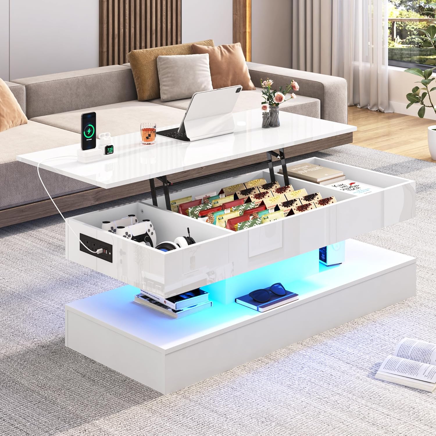 47.2" Large Lift Top Coffee Table,Modern High Glossy LED Coffee Tables for Living Room with Storage Drawer,White Living Room Tables for Livingroom,Dining Room,Bedroom Home Office(White)