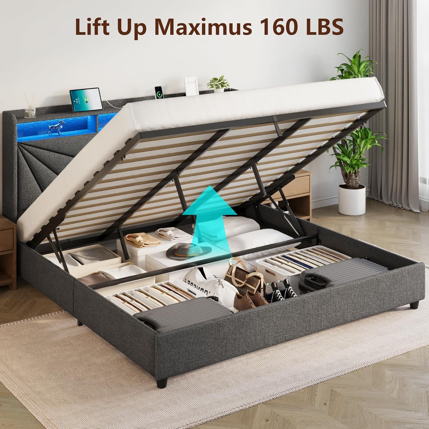 King Size Bed Frame with Storage, Lift Up Upholstered King Bed Frame with Charging Station and LED Lights Headboard, No Box Spring Needed, Easy Assembly - Dark Grey