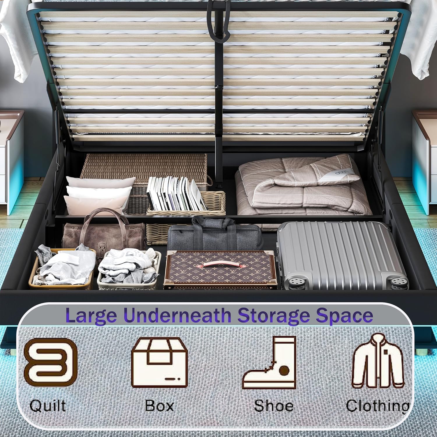 Lift Up Storage Bed Frame Queen Size with Charging Station & Led Lights, Black Upholstered Platform Bed with Wingback Storage Headboard with Pocket, Hydraulic Lift System,No Box Spring Needed