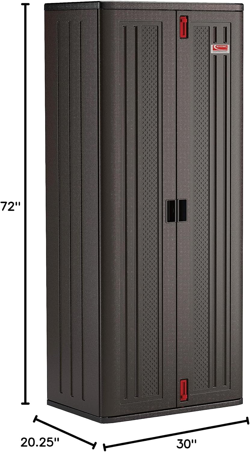 Suncast 19 Cubic Ft. Heavy-Duty Resin Cabinet with Lockable Handles, Multi-Wall Construction, and Metal-Reinforced Shelves for Basement, Utility Room and Garage Storage, Black, Made in the USA