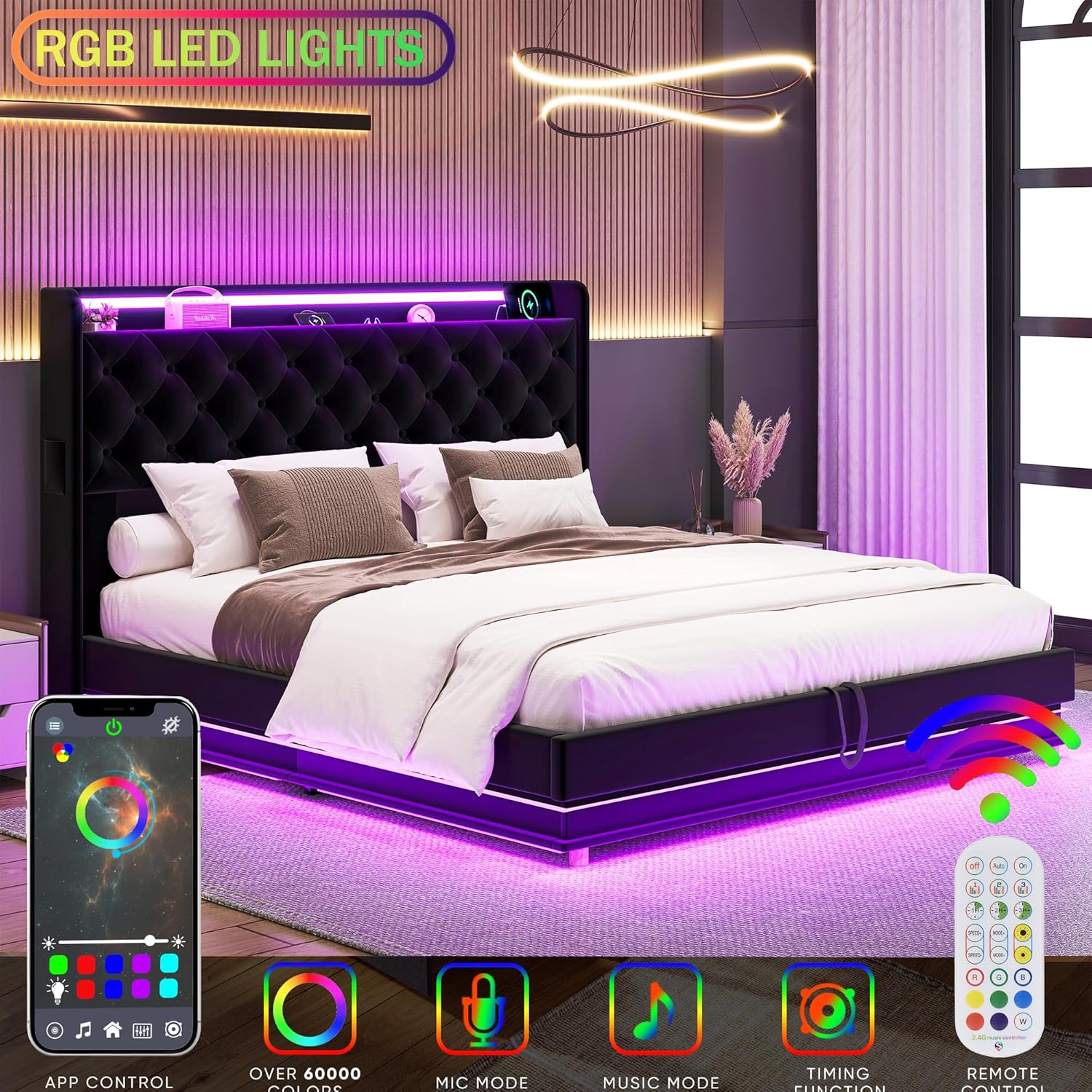 Lift Up Storage Bed Frame Queen Size with Charging Station & Led Lights, Black Upholstered Platform Bed with Wingback Storage Headboard with Pocket, Hydraulic Lift System,No Box Spring Needed