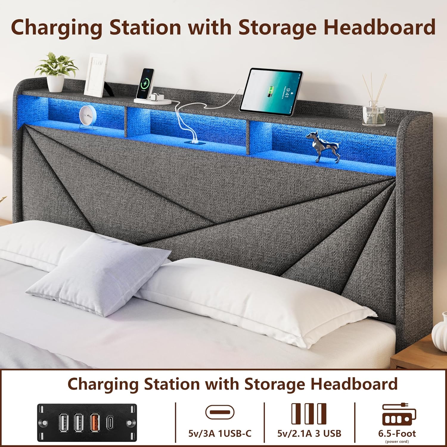 King Size Bed Frame with Storage, Lift Up Upholstered King Bed Frame with Charging Station and LED Lights Headboard, No Box Spring Needed, Easy Assembly - Dark Grey