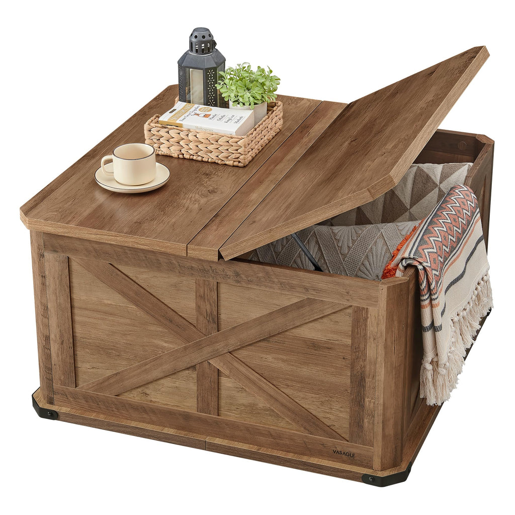 VASAGLE Farmhouse Coffee Table with Storage, Square Coffee Table for Living Room, Center Table with Flip-Top Lids, Honey Brown and Rustic White ULCT232W73