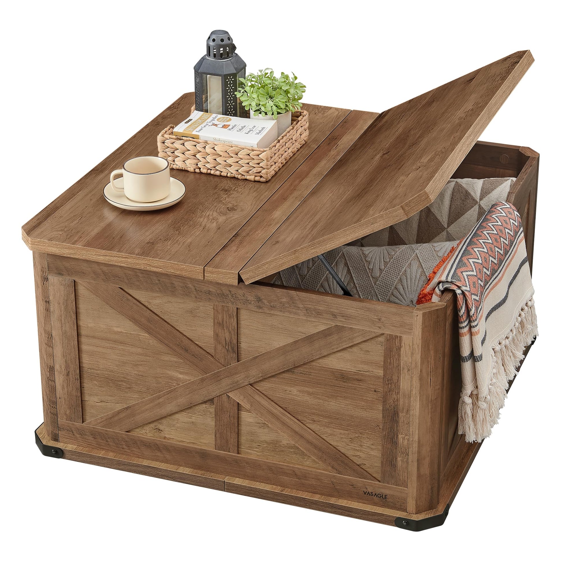 VASAGLE Farmhouse Coffee Table with Storage, Square Coffee Table for Living Room, Center Table with Flip-Top Lids, Honey Brown and Rustic White ULCT232W73