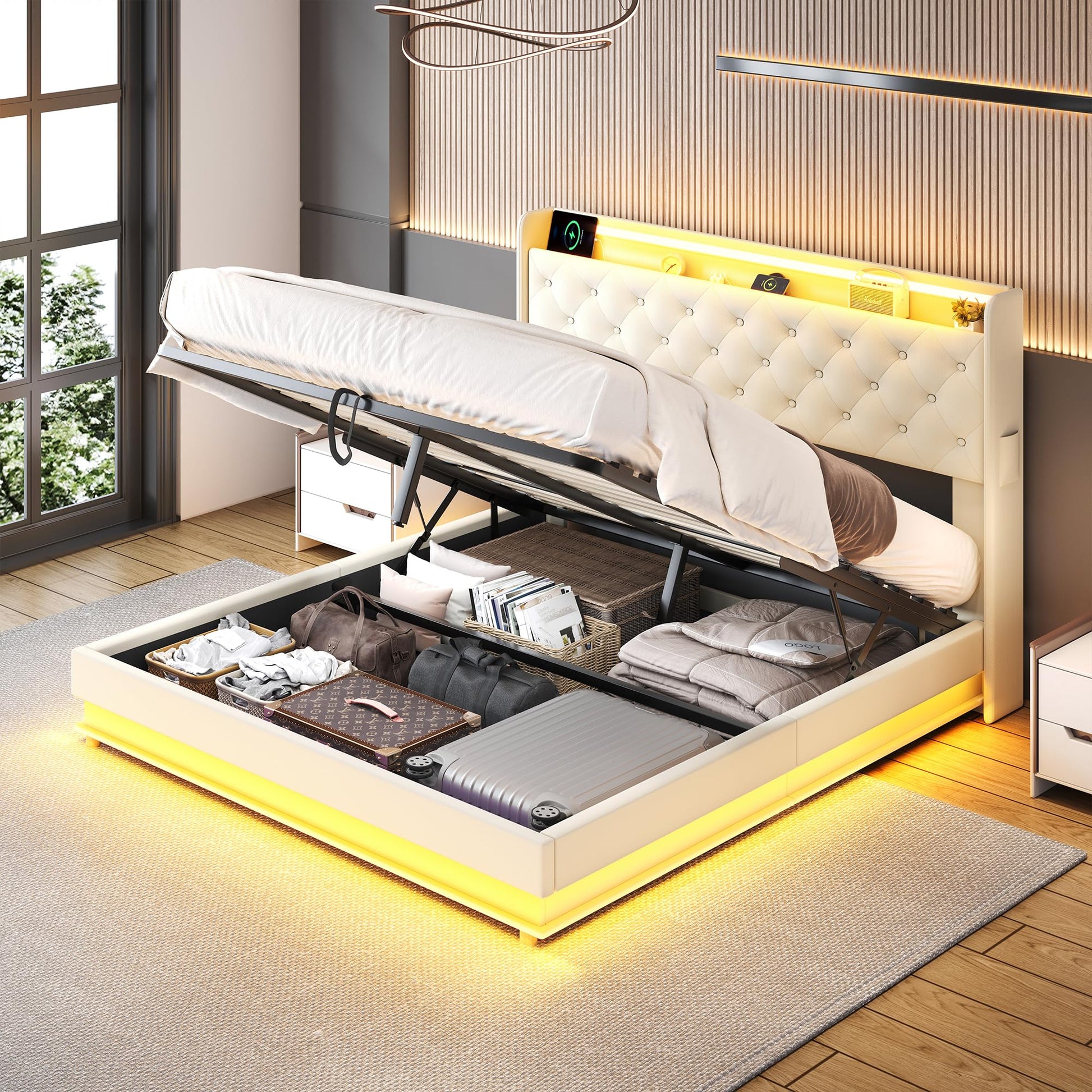 Lift Up Storage Bed Frame Queen Size with Charging Station & Led Lights, Black Upholstered Platform Bed with Wingback Storage Headboard with Pocket, Hydraulic Lift System,No Box Spring Needed