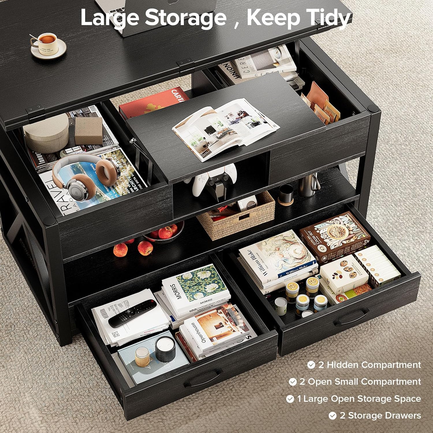 40" Lift Top Coffee Table,4 in 1 Multi-Function Lift Coffee Tables with Storage Drawers and Hidden Compartmen,Farmhouse Coffee Table with Lifting top for Living Room,Black
