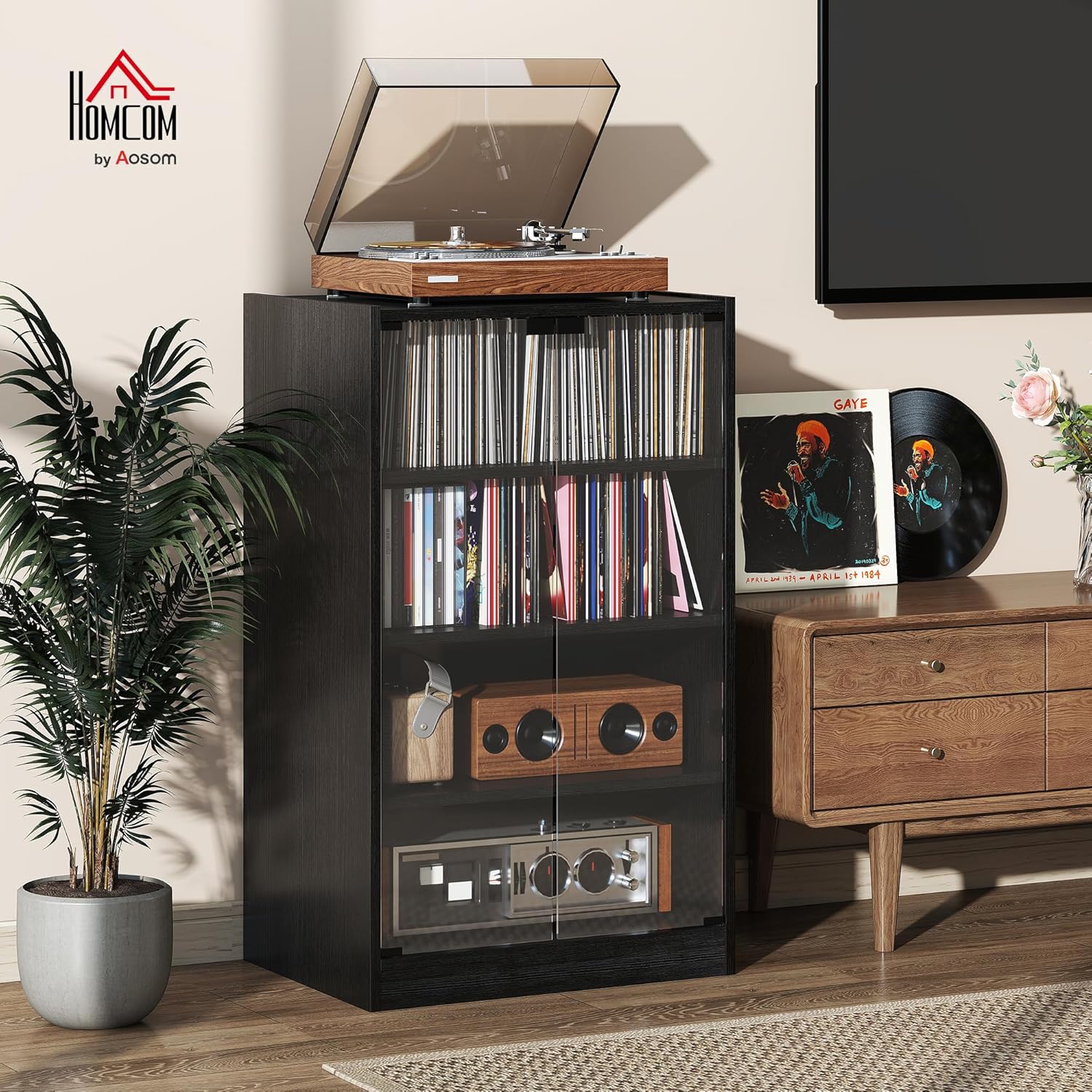 HOMCOM Media Cabinet, 4-Tier Stereo Cabinet, Record Player Stand with Vinyl Record Storage, Adjustable Shelves, Tempered Glass Doors and Cable Management, Distressed Black