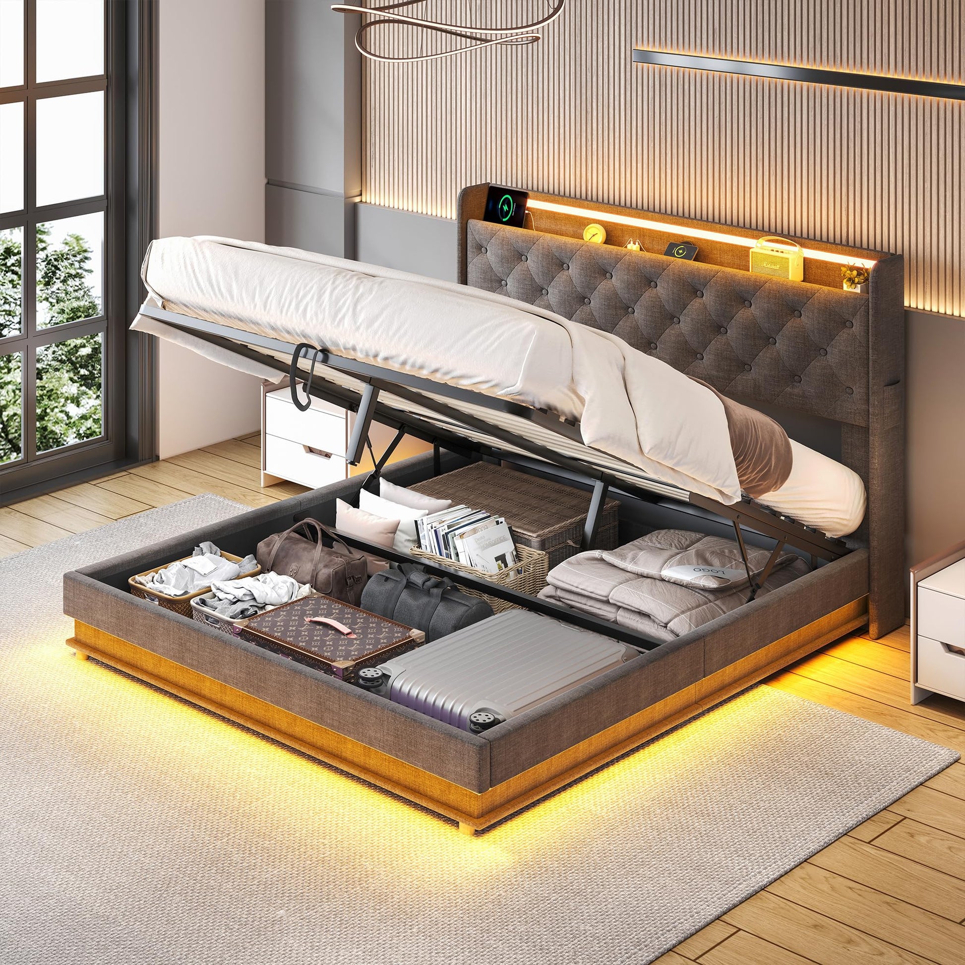 Lift Up Storage Bed Frame Queen Size with Charging Station & Led Lights, Black Upholstered Platform Bed with Wingback Storage Headboard with Pocket, Hydraulic Lift System,No Box Spring Needed