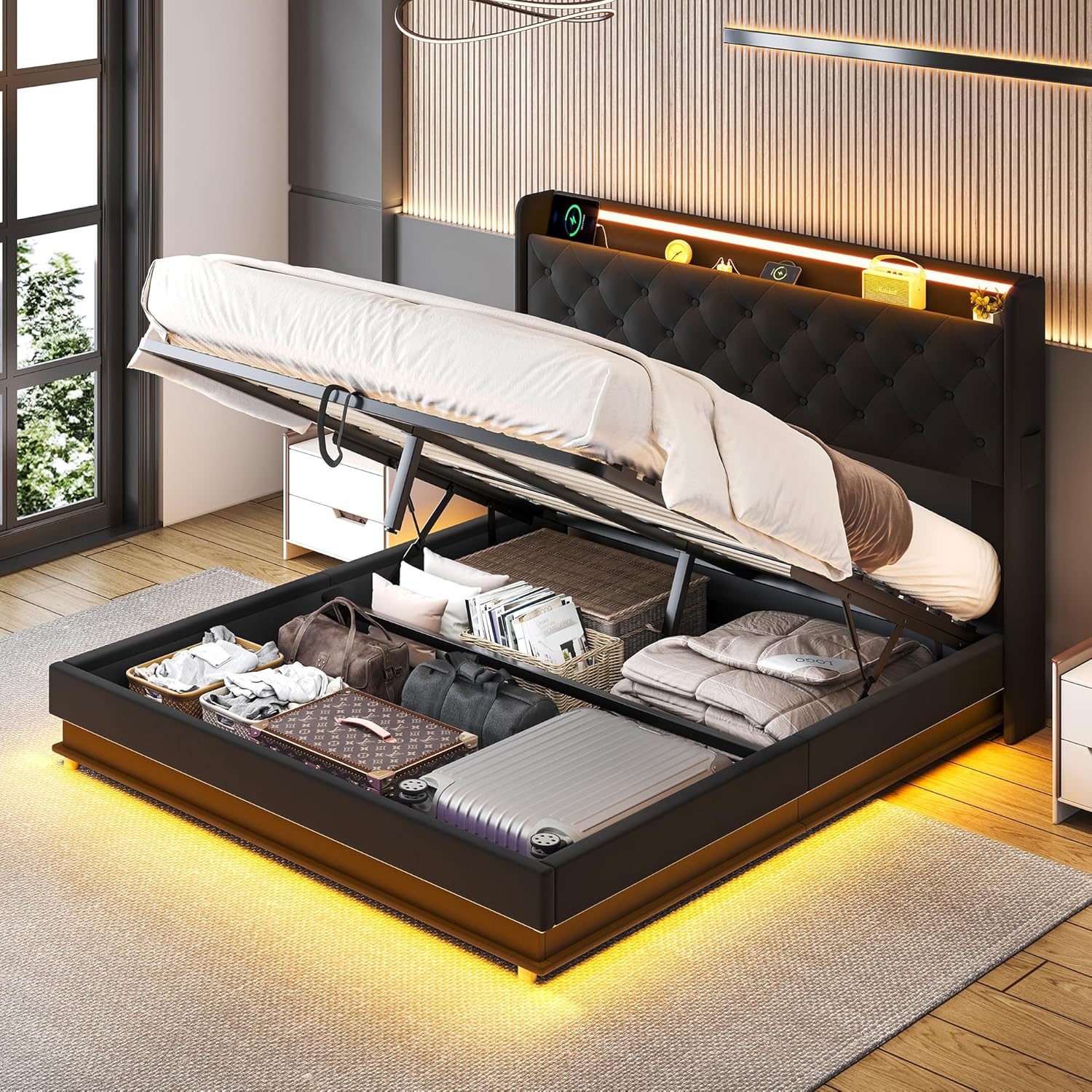 Lift Up Storage Bed Frame Queen Size with Charging Station & Led Lights, Black Upholstered Platform Bed with Wingback Storage Headboard with Pocket, Hydraulic Lift System,No Box Spring Needed