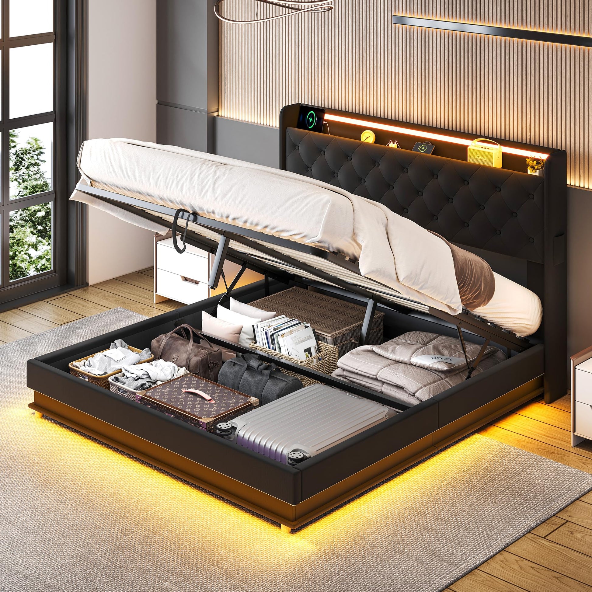 Lift Up Storage Bed Frame Queen Size with Charging Station & Led Lights, Black Upholstered Platform Bed with Wingback Storage Headboard with Pocket, Hydraulic Lift System,No Box Spring Needed