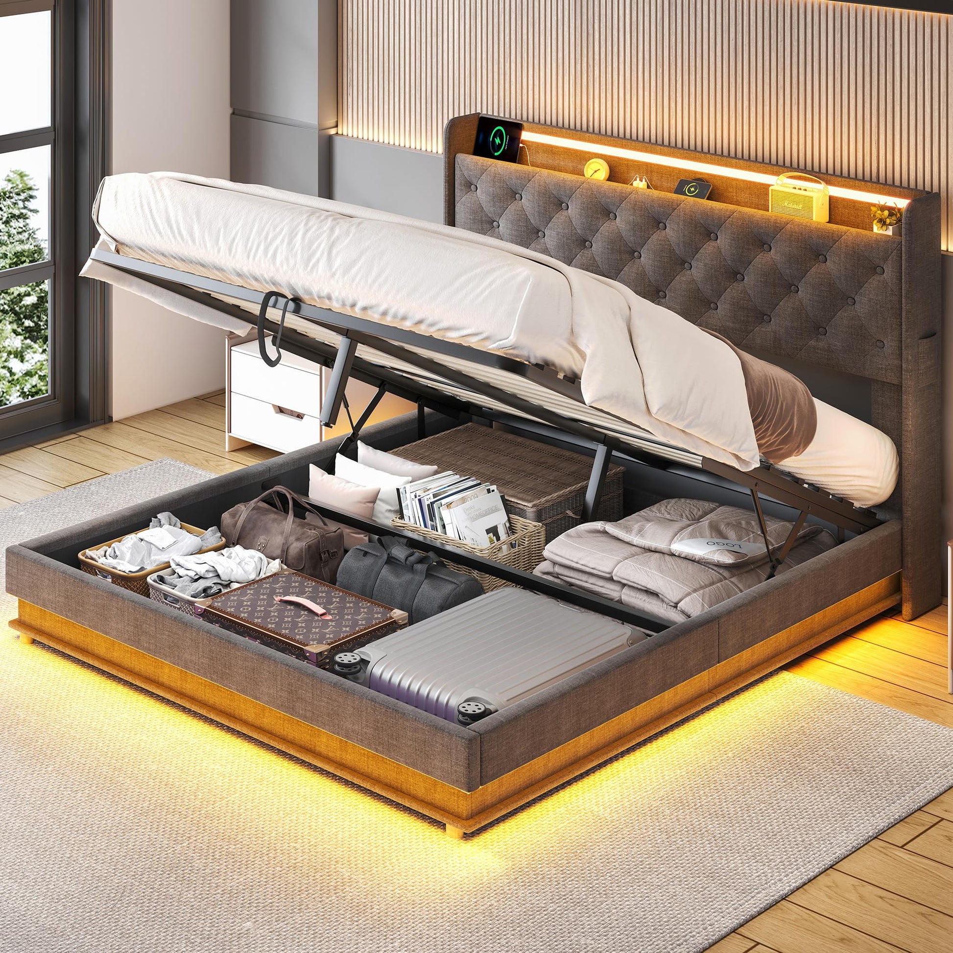 Lift Up Storage Bed Frame Queen Size with Charging Station & Led Lights, Black Upholstered Platform Bed with Wingback Storage Headboard with Pocket, Hydraulic Lift System,No Box Spring Needed