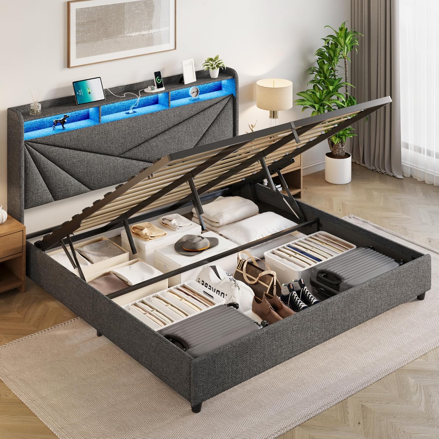King Size Bed Frame with Storage, Lift Up Upholstered King Bed Frame with Charging Station and LED Lights Headboard, No Box Spring Needed, Easy Assembly - Dark Grey