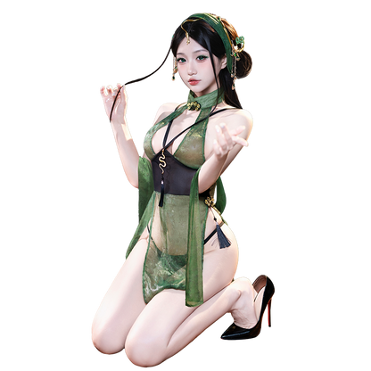 Contemporary Asian Charm See-Through Cheongsam, Enchanting Emerald Blossom Sexy Cheongsam Lingerie
