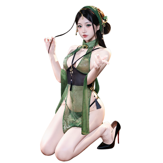 Contemporary Asian Charm See-Through Cheongsam, Enchanting Emerald Blossom Sexy Cheongsam Lingerie