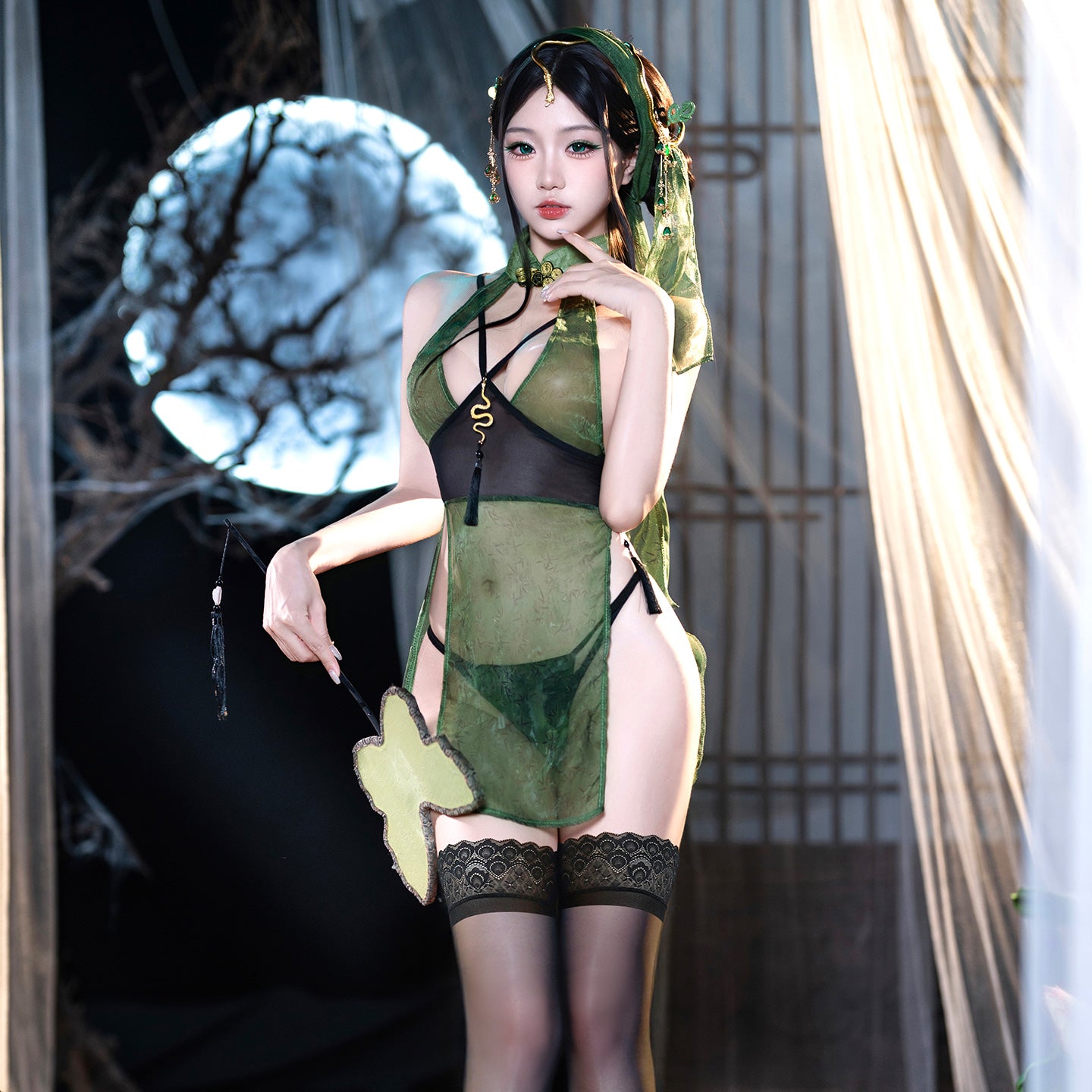 Contemporary Asian Charm See-Through Cheongsam, Enchanting Emerald Blossom Sexy Cheongsam Lingerie