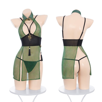 Contemporary Asian Charm See-Through Cheongsam, Enchanting Emerald Blossom Sexy Cheongsam Lingerie