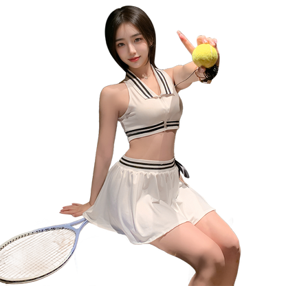 Women's Erotic Sports Two-Piece Tennis Suit | Sexy Athletic Crop Top & Pleated Skirt Set | Goddess Style