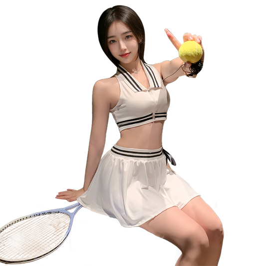Women's Erotic Sports Two-Piece Tennis Suit | Sexy Athletic Crop Top & Pleated Skirt Set | Goddess Style