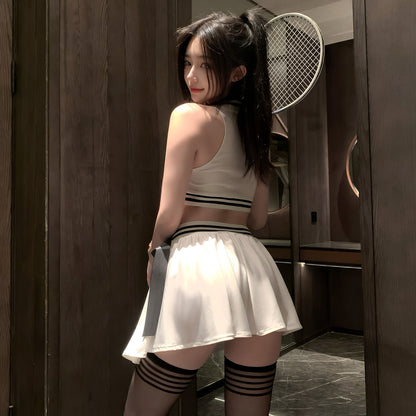 Women's Erotic Sports Two-Piece Tennis Suit | Sexy Athletic Crop Top & Pleated Skirt Set | Goddess Style