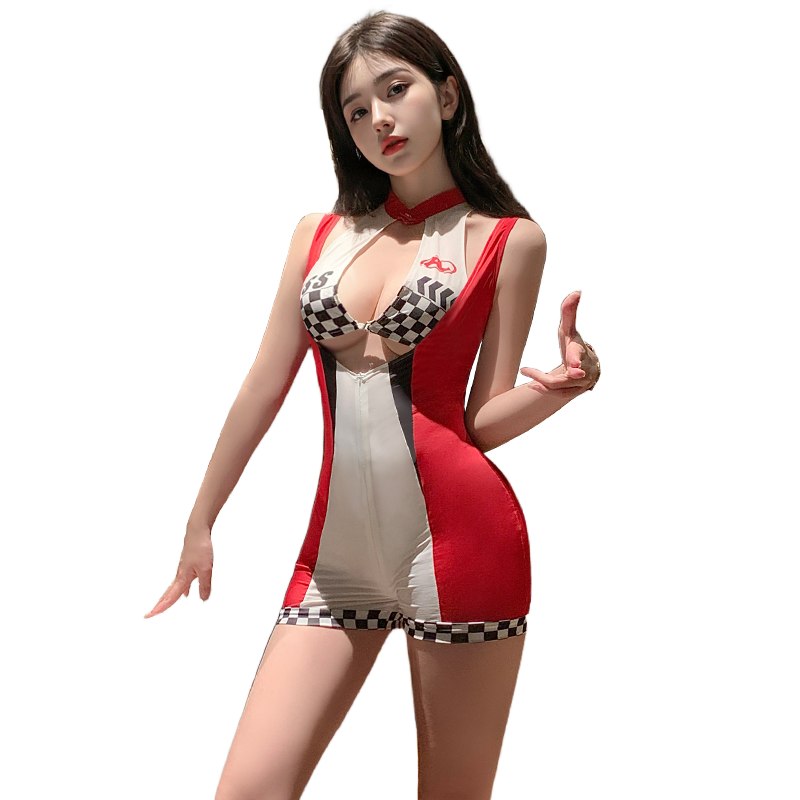 Women's Sexy Racing Driver Bodysuit - Zipper Crotchless Open Bust Cutout Design - Faux Racing Cosplay Jumpsuit
