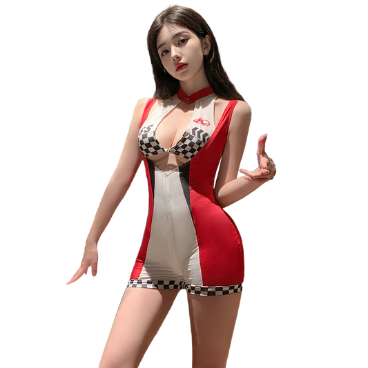 Women's Sexy Racing Driver Bodysuit - Zipper Crotchless Open Bust Cutout Design - Faux Racing Cosplay Jumpsuit