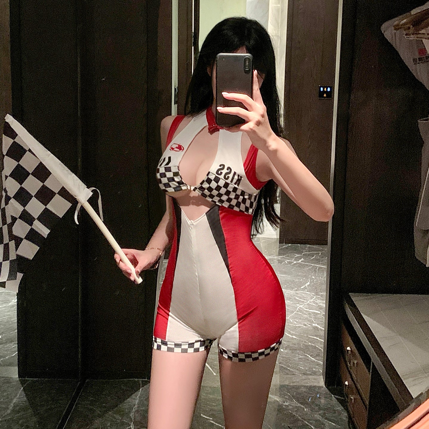 Women's Sexy Racing Driver Bodysuit - Zipper Crotchless Open Bust Cutout Design - Faux Racing Cosplay Jumpsuit