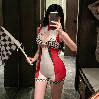 Women's Sexy Racing Driver Bodysuit - Zipper Crotchless Open Bust Cutout Design - Faux Racing Cosplay Jumpsuit
