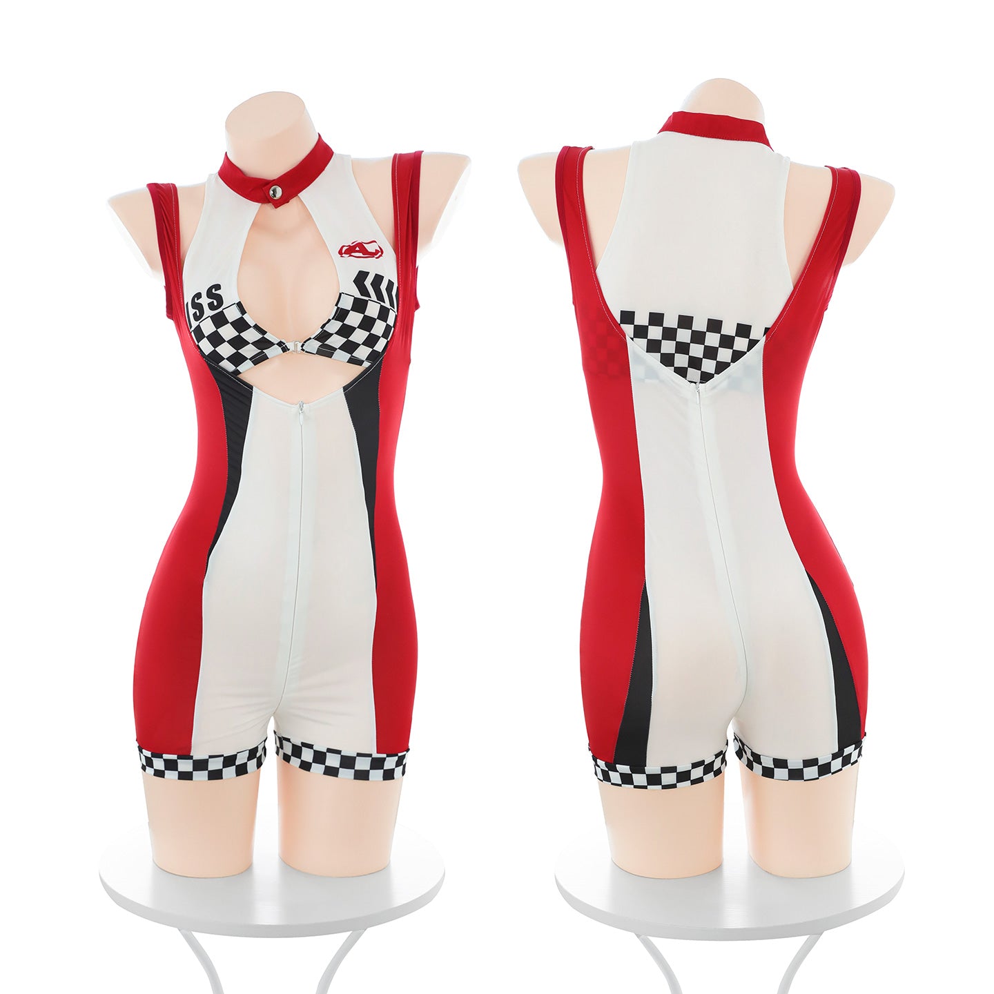 Women's Sexy Racing Driver Bodysuit - Zipper Crotchless Open Bust Cutout Design - Faux Racing Cosplay Jumpsuit