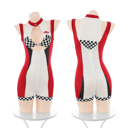 Women's Sexy Racing Driver Bodysuit - Zipper Crotchless Open Bust Cutout Design - Faux Racing Cosplay Jumpsuit