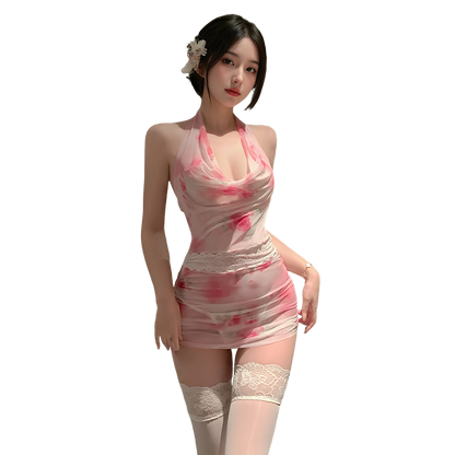 Women's Halter Neck Bodycon Mini Dress - Floral Print Ruched Backless Party Club Dress