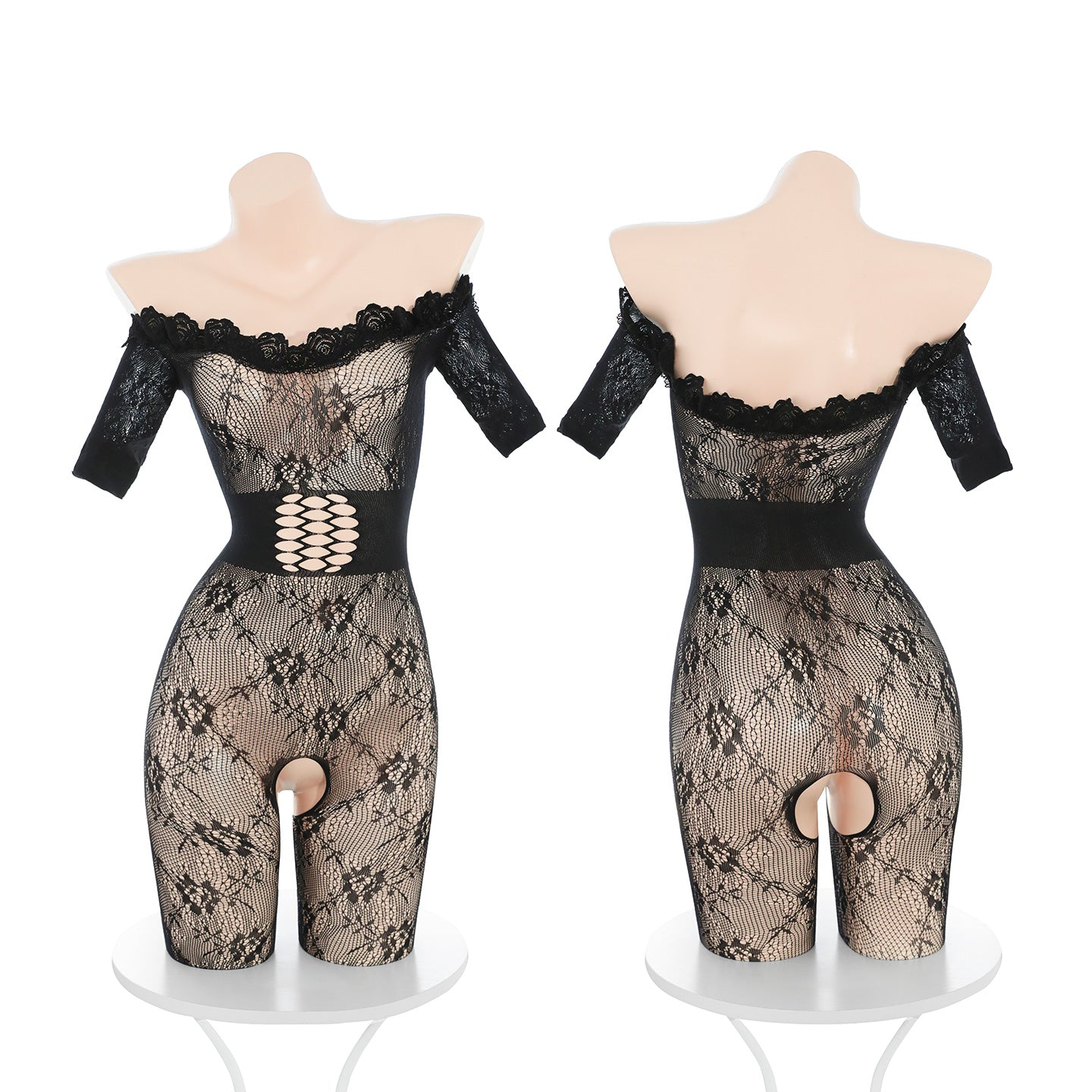 Women's Off-Shoulder Short Sleeve Fishnet Bodysuit - Sheer Floral Lace Open Crotch Lingerie Stockings | Fishnet Bodysuit