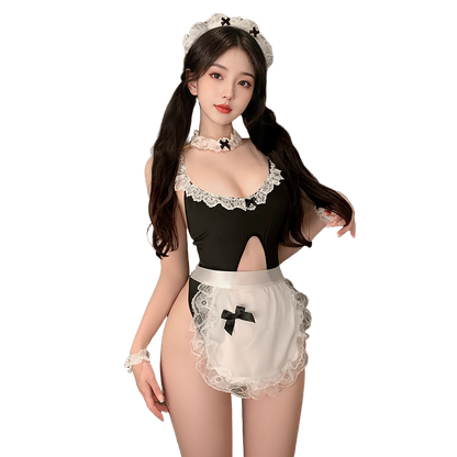 Women's French Maid Lingerie Set - Crotchless Bodysuit, Ruffle Apron, Headband, & Garter - Roleplay Costume