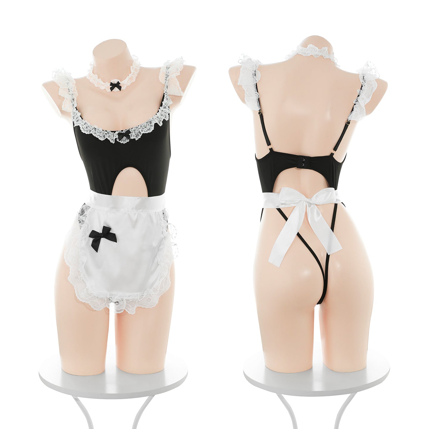 Women's French Maid Lingerie Set - Crotchless Bodysuit, Ruffle Apron, Headband, & Garter - Roleplay Costume