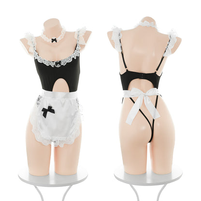 Women's French Maid Lingerie Set - Crotchless Bodysuit, Ruffle Apron, Headband, & Garter - Roleplay Costume
