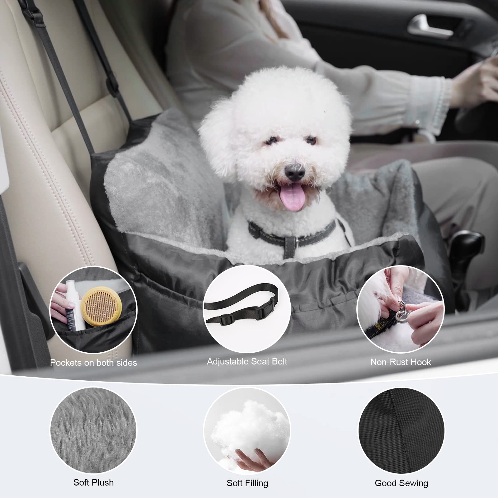 DogBaby Dog Car Seat for Small Dogs, Detachable and Washable Pet Car Seat, Small Dog Car Seat with Storage Pockets and Adjustable Clip-On Leash