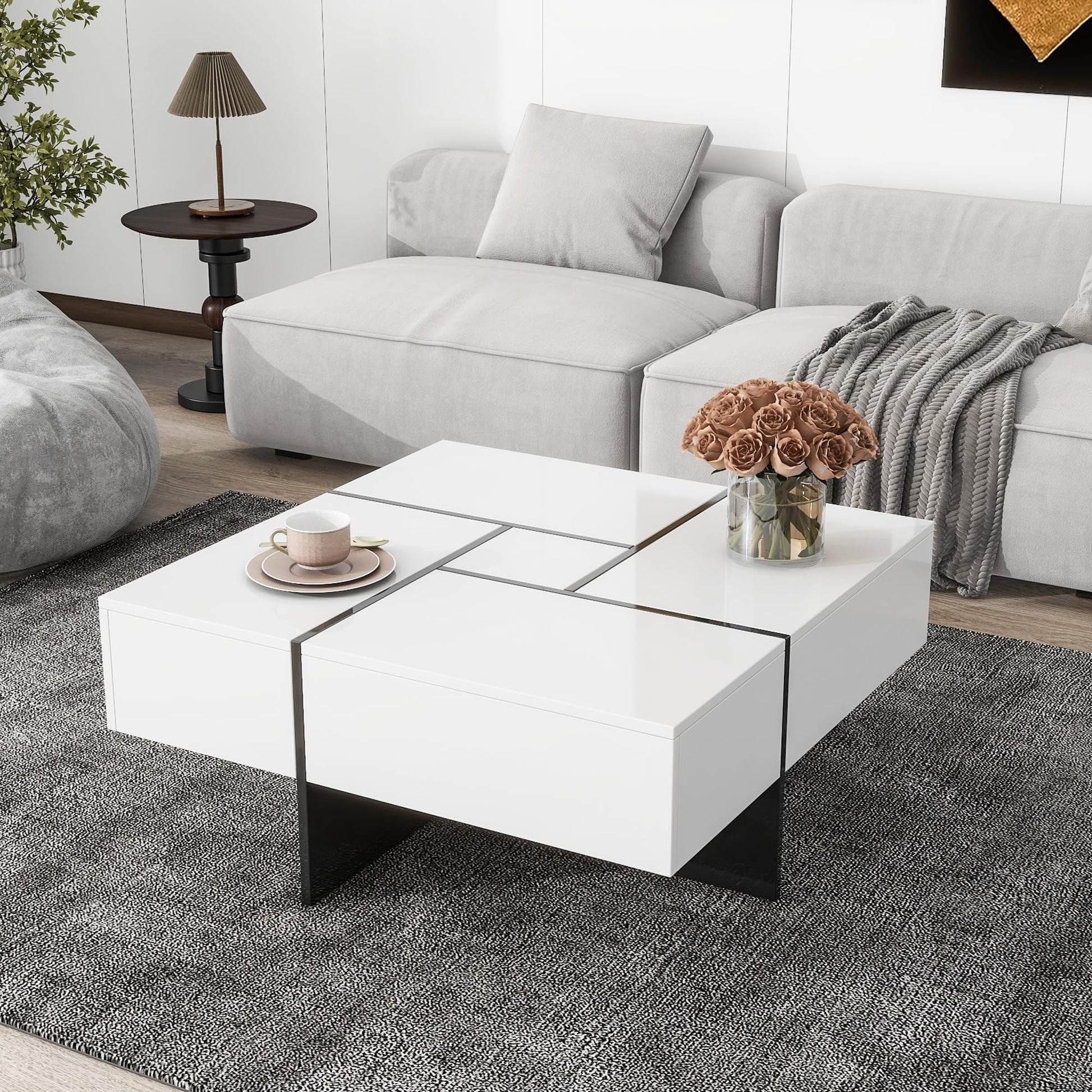 31.5"x 31.5" Coffee Table with 4 Hidden Storage Compartments, Square Cocktail Table for Living Room