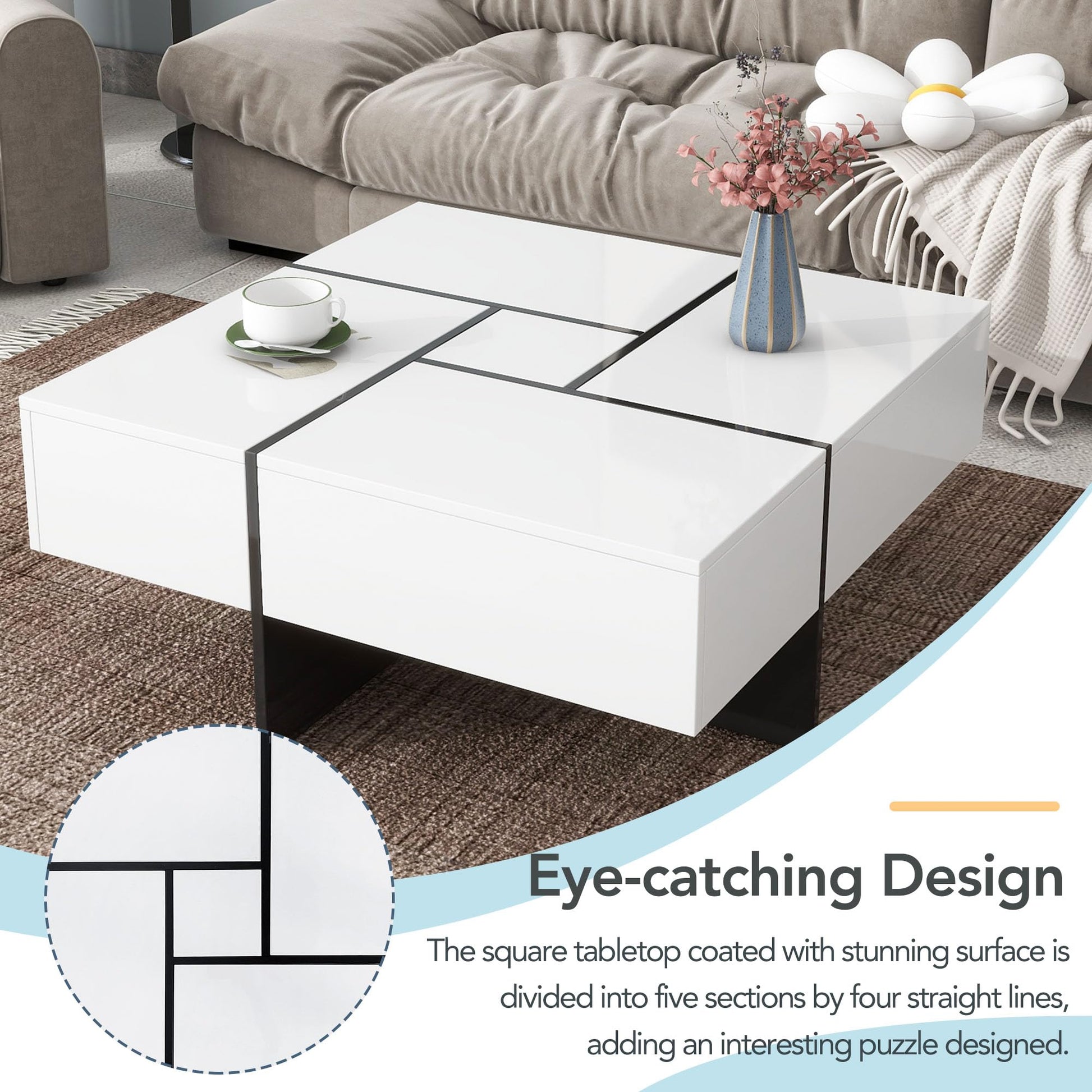 31.5"x 31.5" Coffee Table with 4 Hidden Storage Compartments, Square Cocktail Table for Living Room