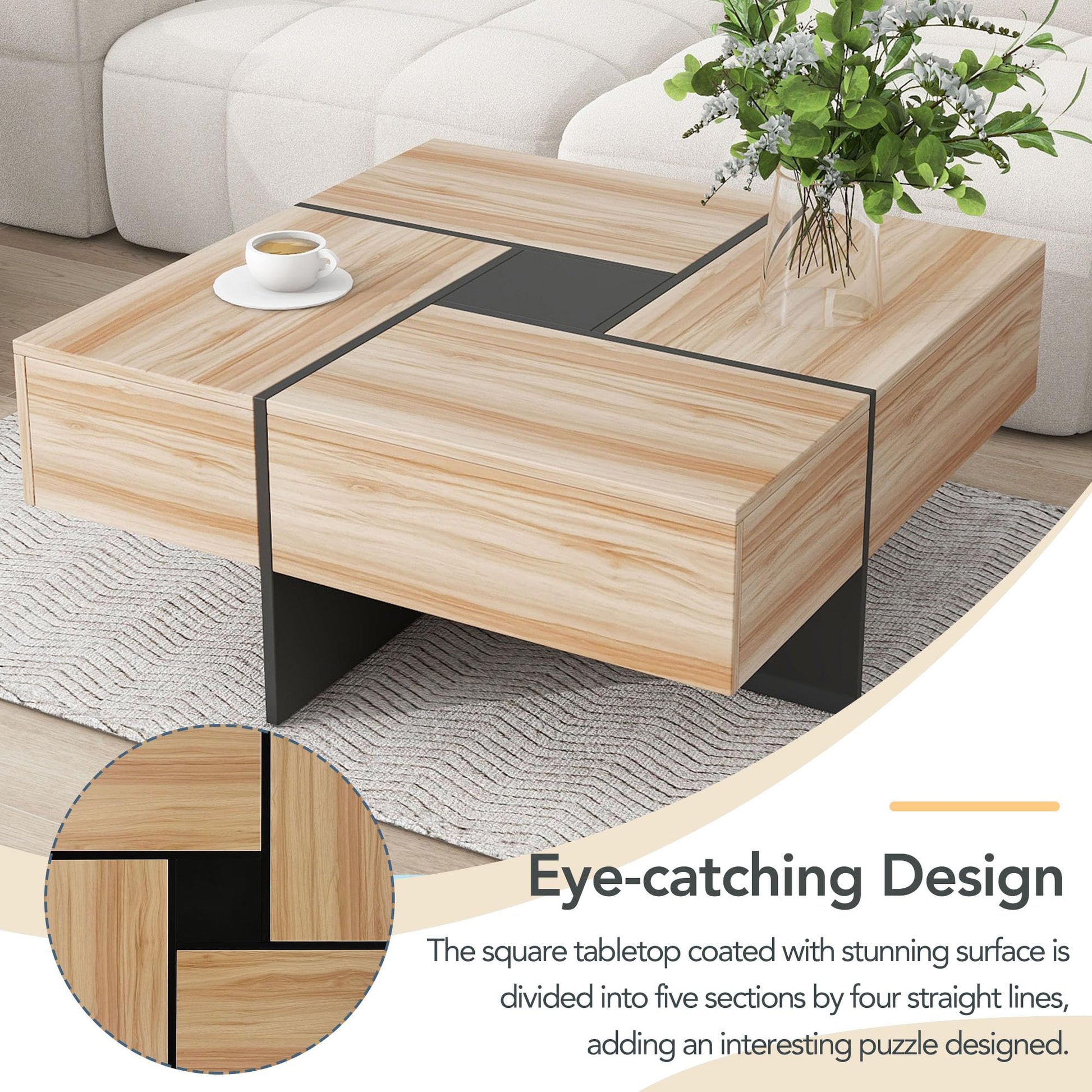 31.5"x 31.5" Coffee Table with 4 Hidden Storage Compartments, Square Cocktail Table for Living Room