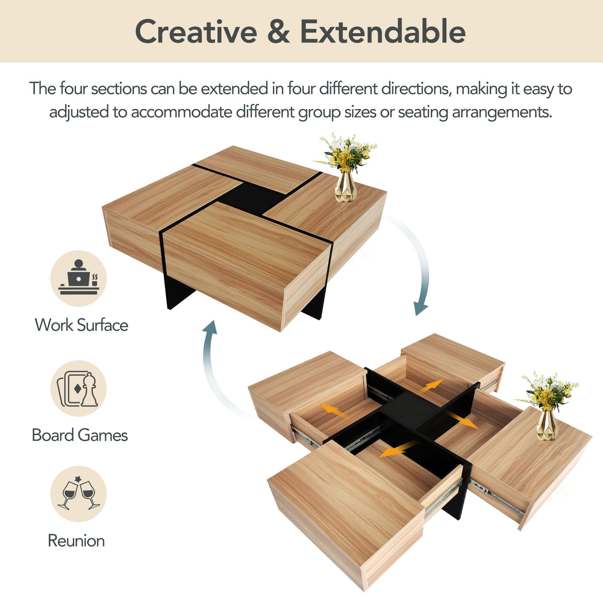 31.5"x 31.5" Coffee Table with 4 Hidden Storage Compartments, Square Cocktail Table for Living Room