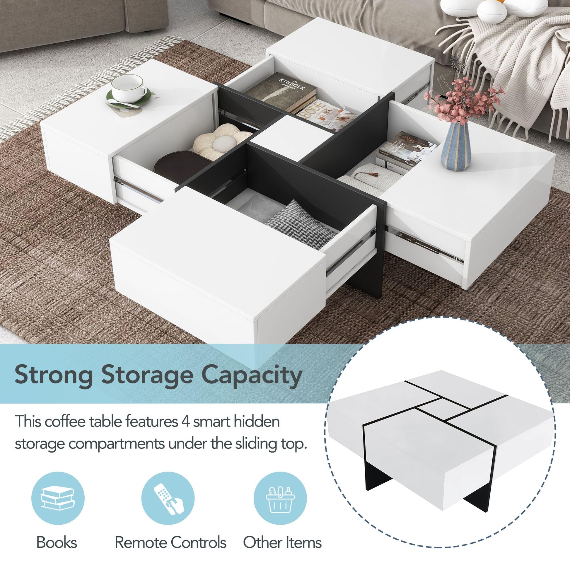 31.5"x 31.5" Coffee Table with 4 Hidden Storage Compartments, Square Cocktail Table for Living Room