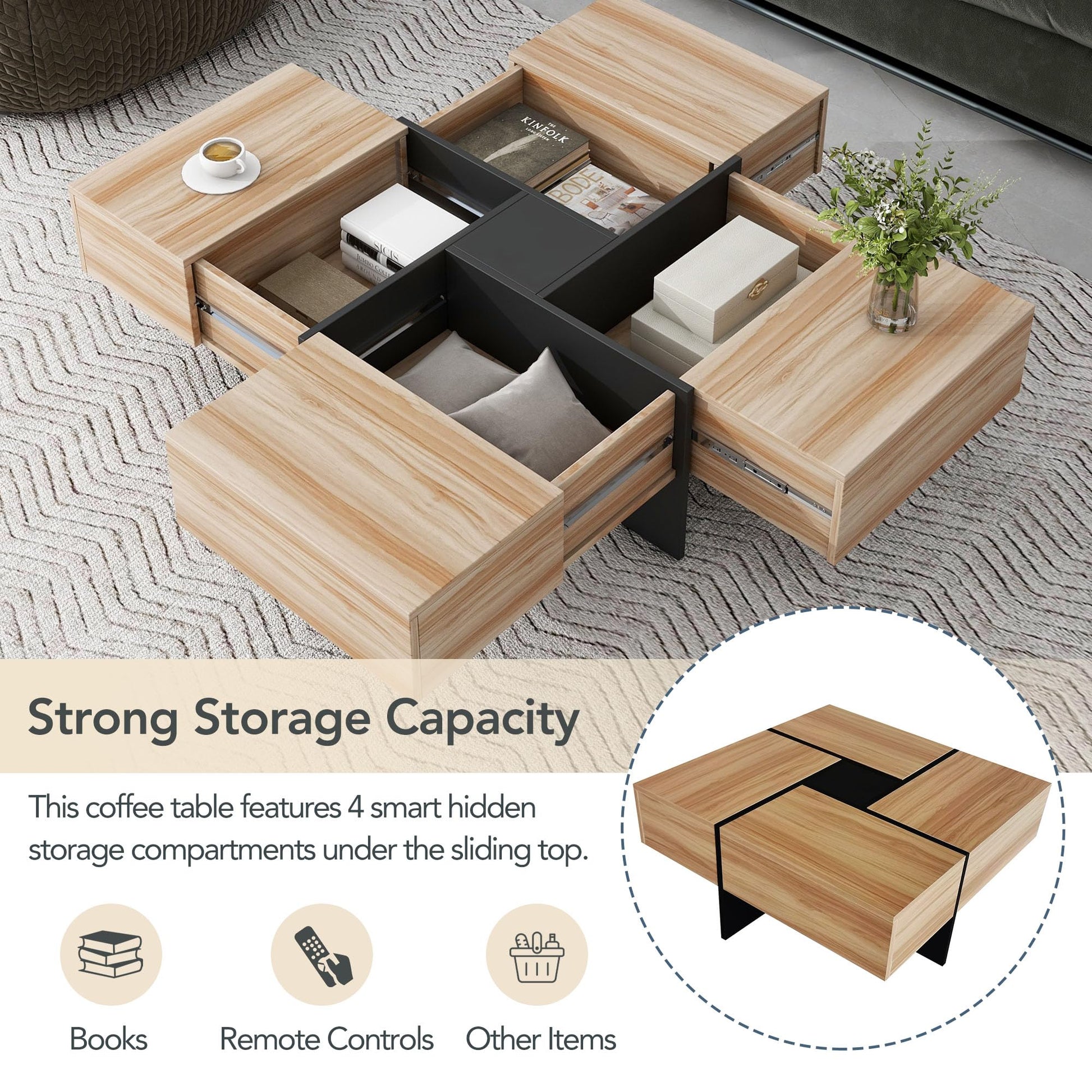 31.5"x 31.5" Coffee Table with 4 Hidden Storage Compartments, Square Cocktail Table for Living Room