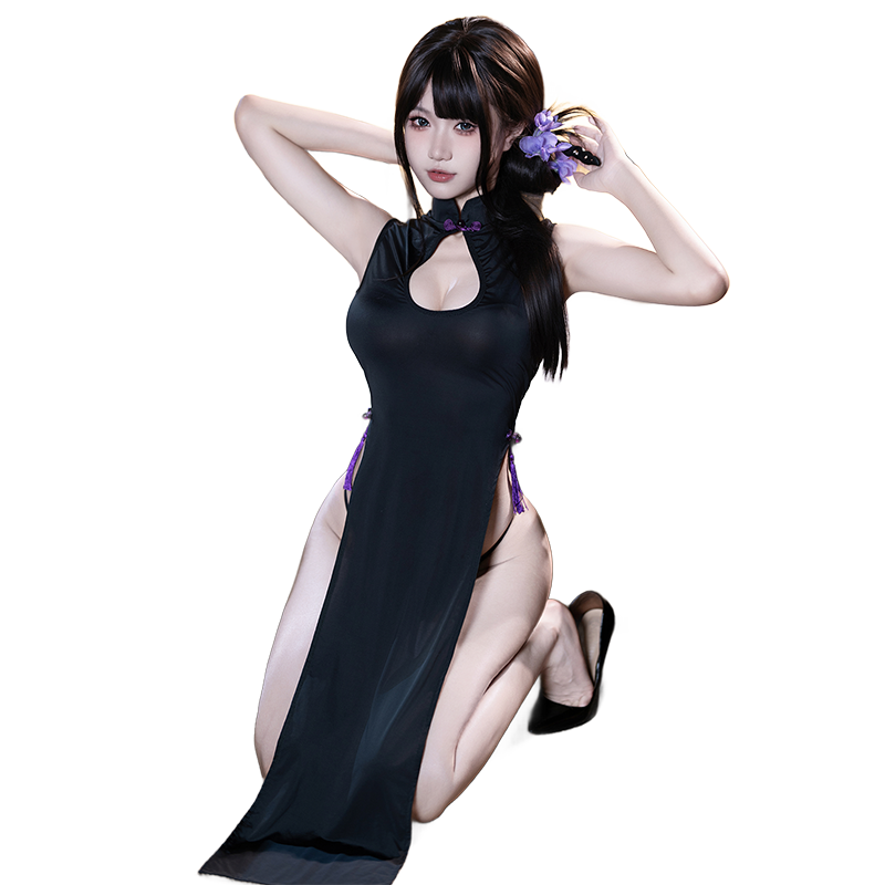 Exotic Lingerie Cheongsam Gown - Sheer Black Slit Qipao with High Thigh Detail, Seductive Black Cheongsam Dress