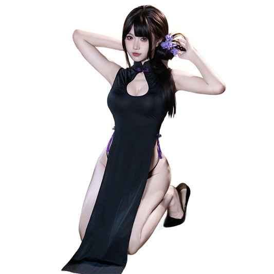 Exotic Lingerie Cheongsam Gown - Sheer Black Slit Qipao with High Thigh Detail, Seductive Black Cheongsam Dress