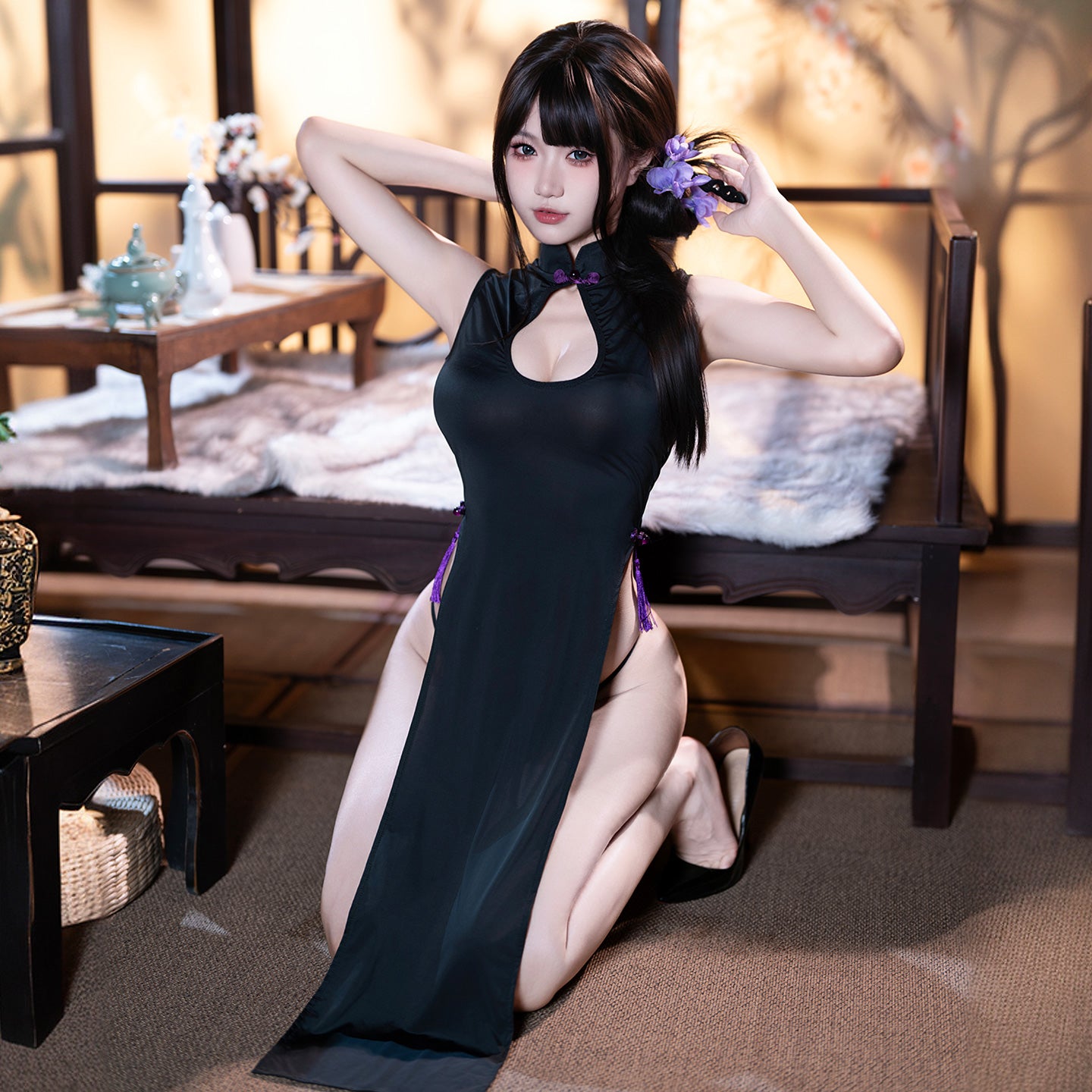 Exotic Lingerie Cheongsam Gown - Sheer Black Slit Qipao with High Thigh Detail, Seductive Black Cheongsam Dress